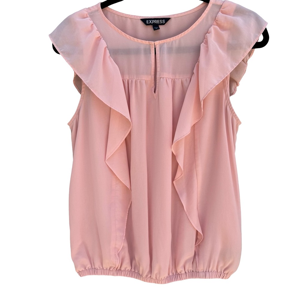 Express Pink‎ Ruffle Flutter Sleeve Chiffon Blouse Keyhole Neck Top S Coquette